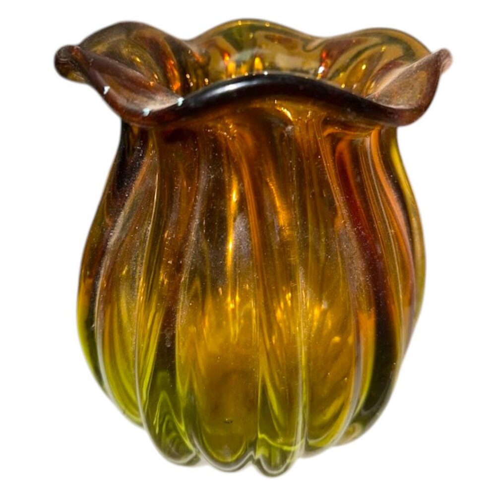 Teleflora Orange to Yellow Ribbed Art Glass Vase